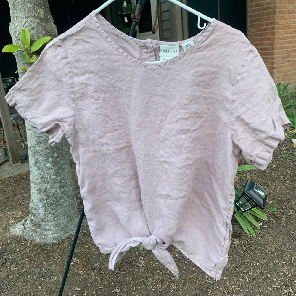 Pink Linen Short Sleeve Top With Wooden Buttons & Tie Front
